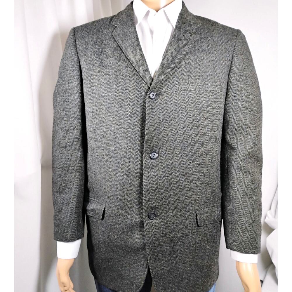 Vtg Classic Wool Herringbone Blazer Black USA Union Preppy Academia Fits 44R